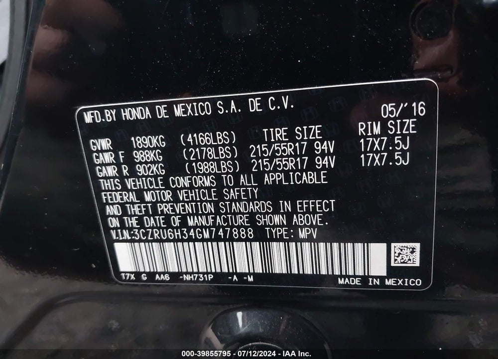 2016 HONDA HR-V LX VIN: 3CZRU6H34GM747888