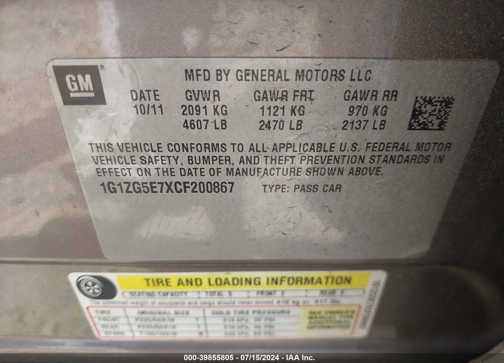 2012 CHEVROLET MALIBU 2LZ VIN: 1G1ZG5E7XCF200867