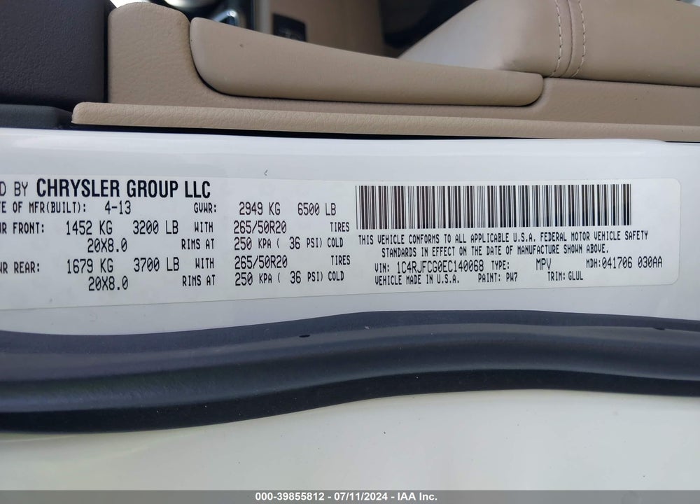 2014 JEEP GRAND CHEROKEE OVERLAND VIN: 1C4RJFCG0EC140068