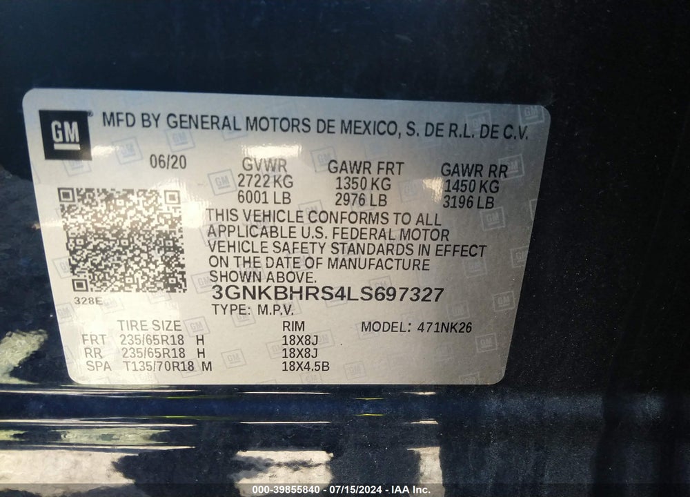 2020 CHEVROLET BLAZER AWD 2LT VIN: 3GNKBHRS4LS697327