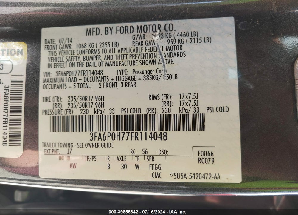 2015 FORD FUSION VIN: 3FA6P0H77FR114048