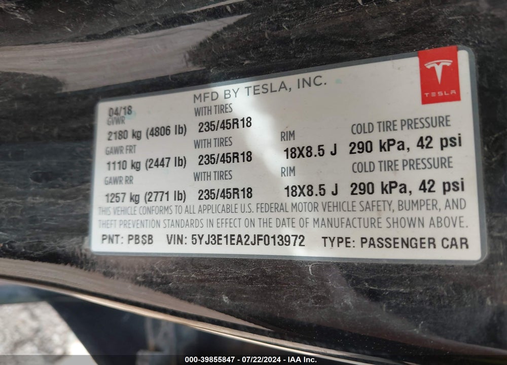 2018 TESLA MODEL 3 LONG RANGE/MID RANGE VIN: 5YJ3E1EA2JF013972