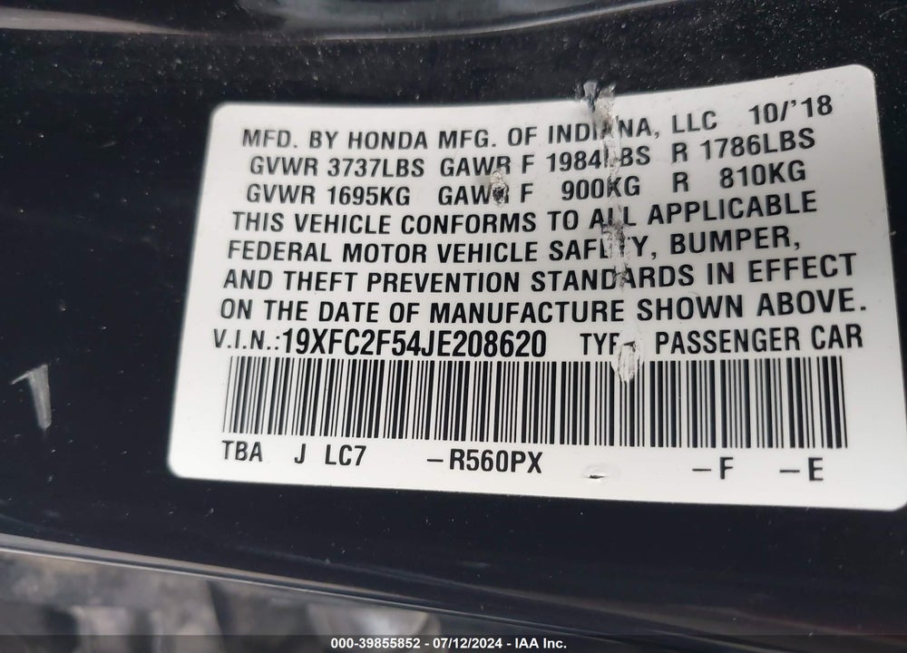 2018 HONDA CIVIC LX VIN: 19XFC2F54JE208620