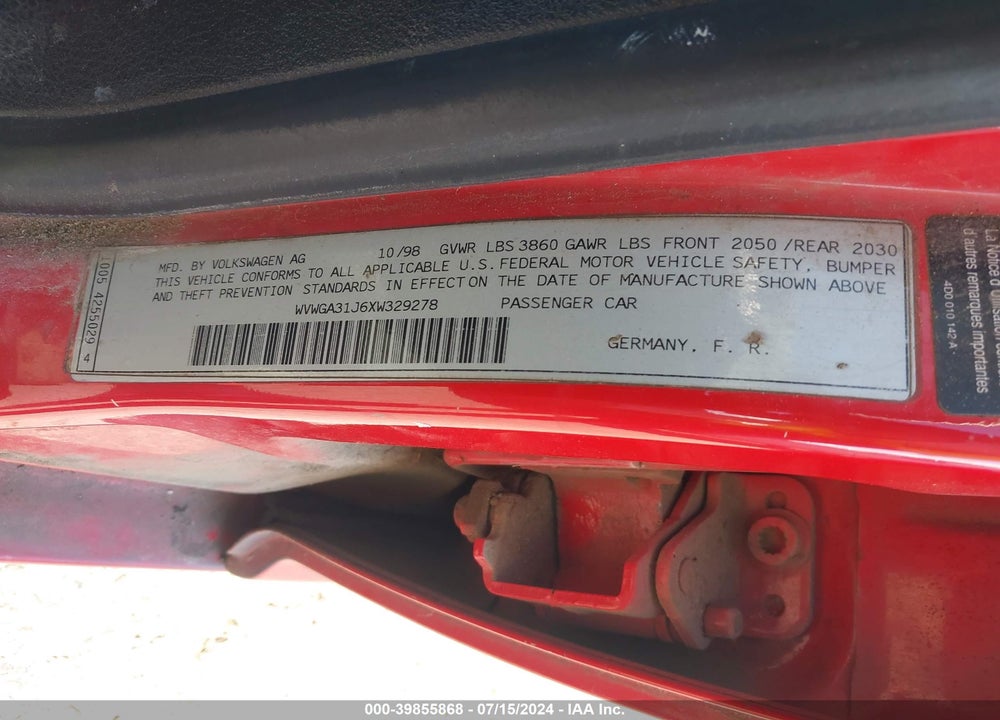 1999 VOLKSWAGEN GOLF GLS VIN: WVWGA31J6XW329278