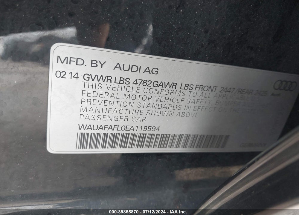 2014 AUDI A4 2.0T PREMIUM VIN: WAUAFAFL0EA119594
