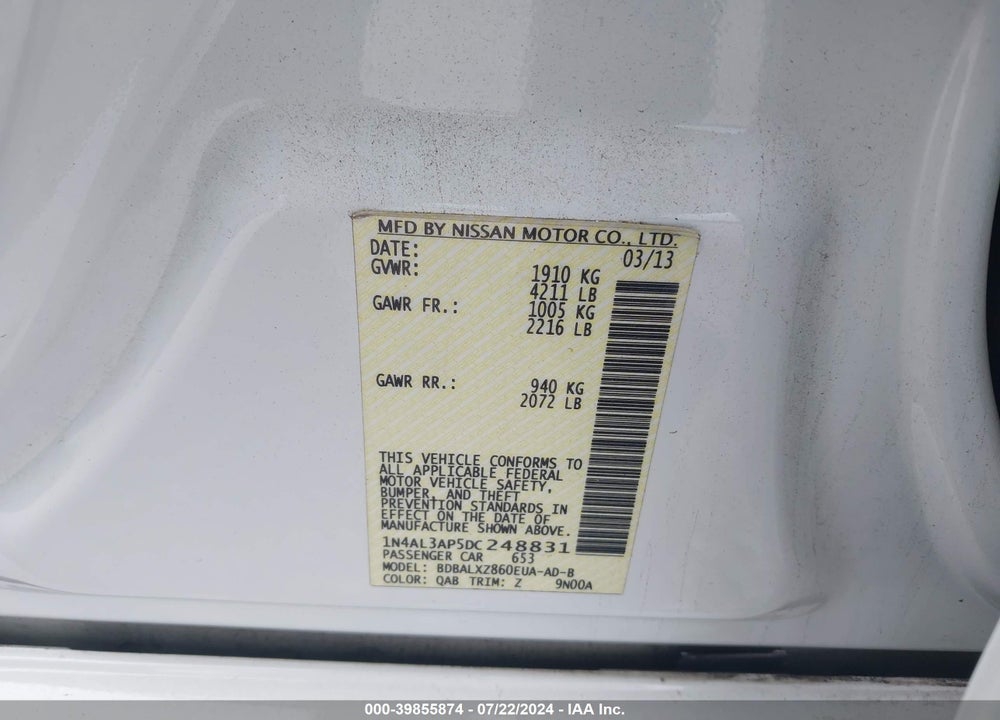 2013 NISSAN ALTIMA 2.5 SL VIN: 1N4AL3AP5DC248831