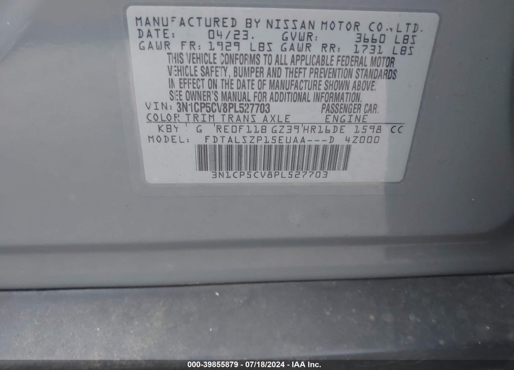 2023 NISSAN KICKS SV XTRONIC CVT VIN: 3N1CP5CV8PL527703