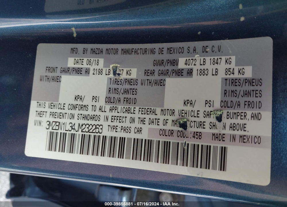 2018 MAZDA MAZDA3 VIN: 3MZBN1L34JM232263