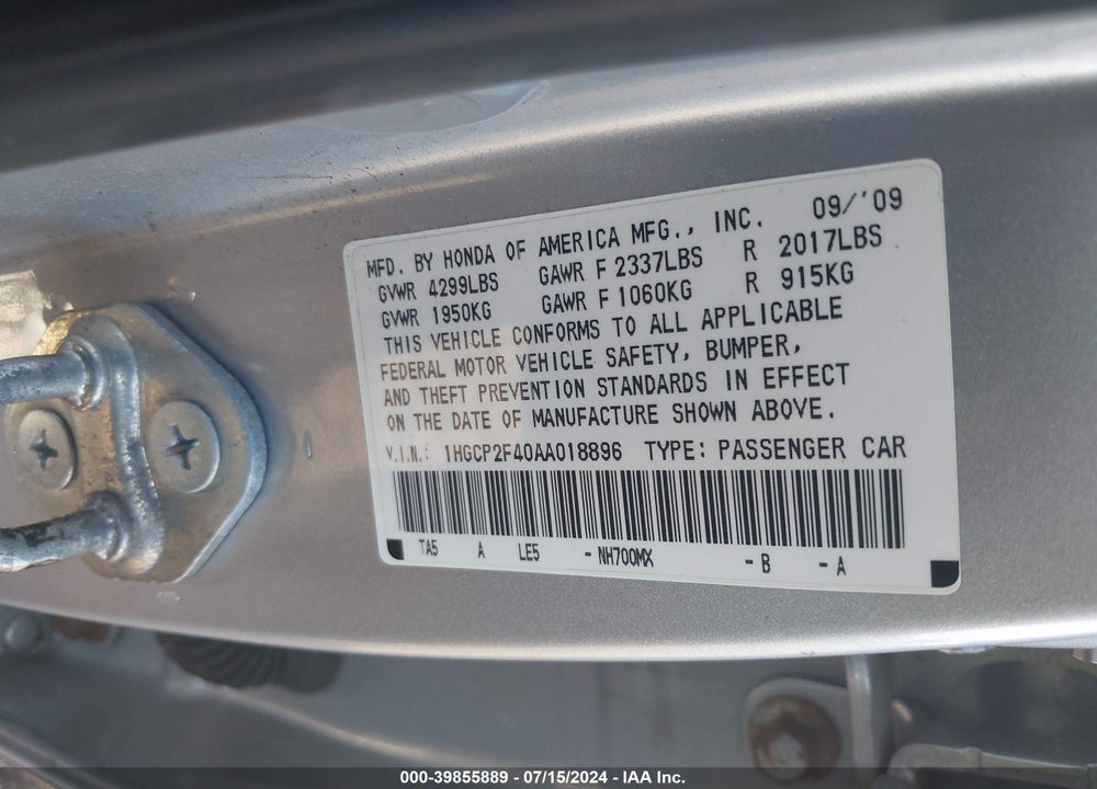 2010 HONDA ACCORD 2.4 LX-P VIN: 1HGCP2F40AA018896
