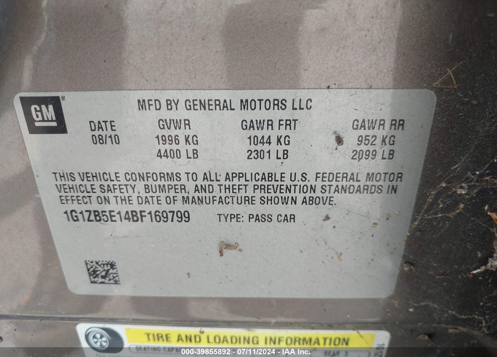 2011 CHEVROLET MALIBU LS VIN: 1G1ZB5E14BF169799
