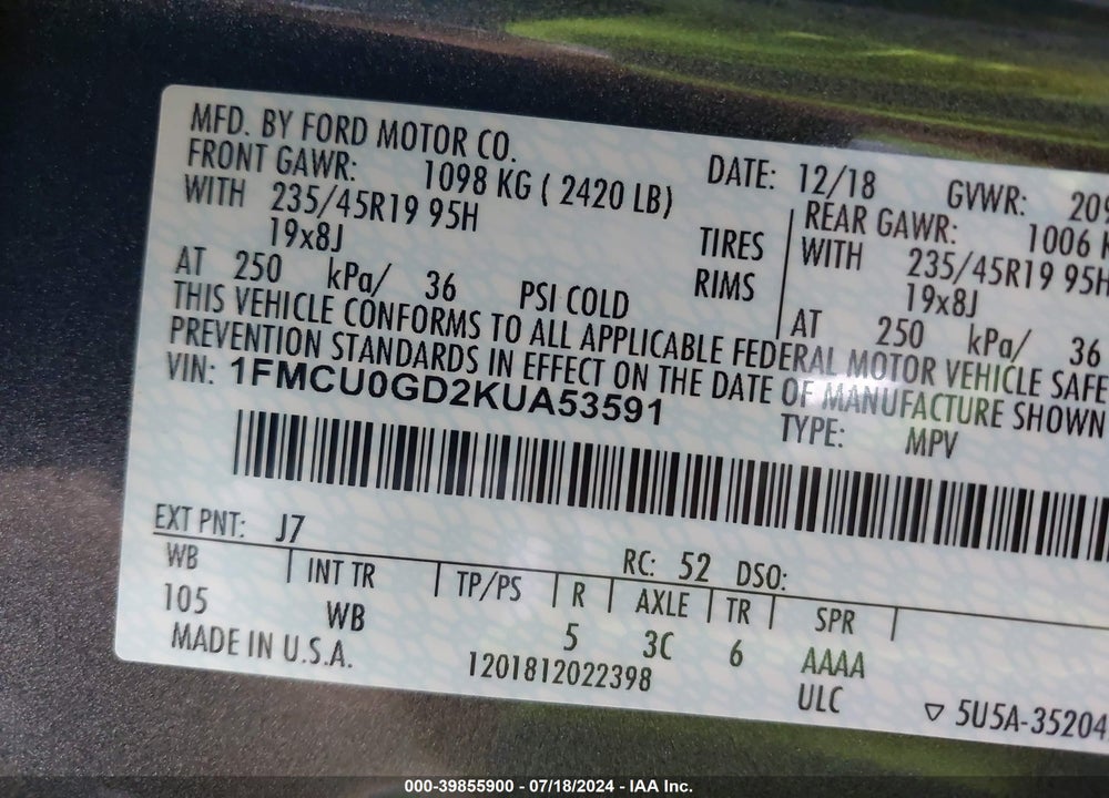 2019 FORD ESCAPE SE VIN: 1FMCU0GD2KUA53591