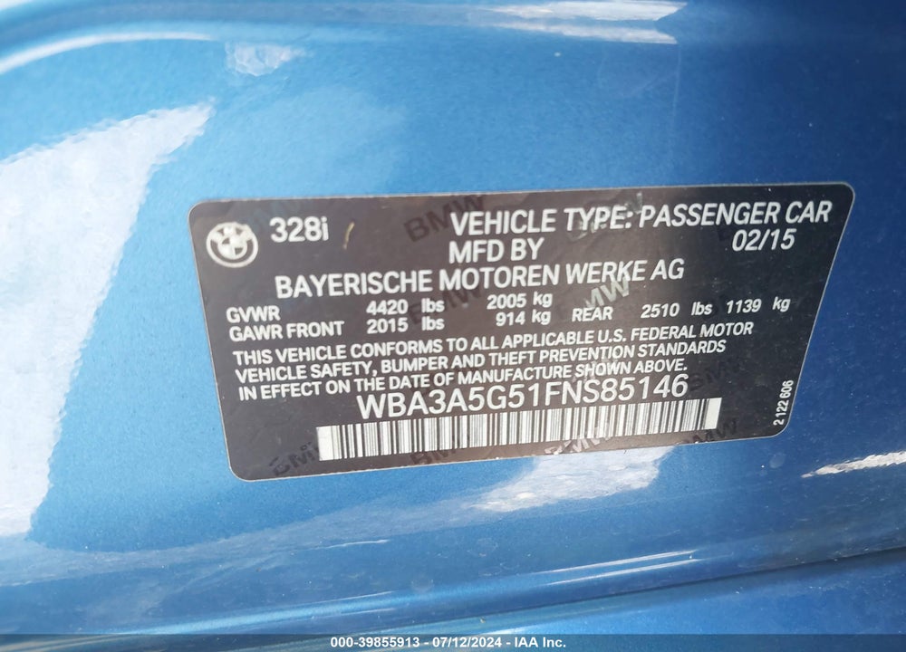 2015 BMW 328I VIN: WBA3A5G51FNS85146