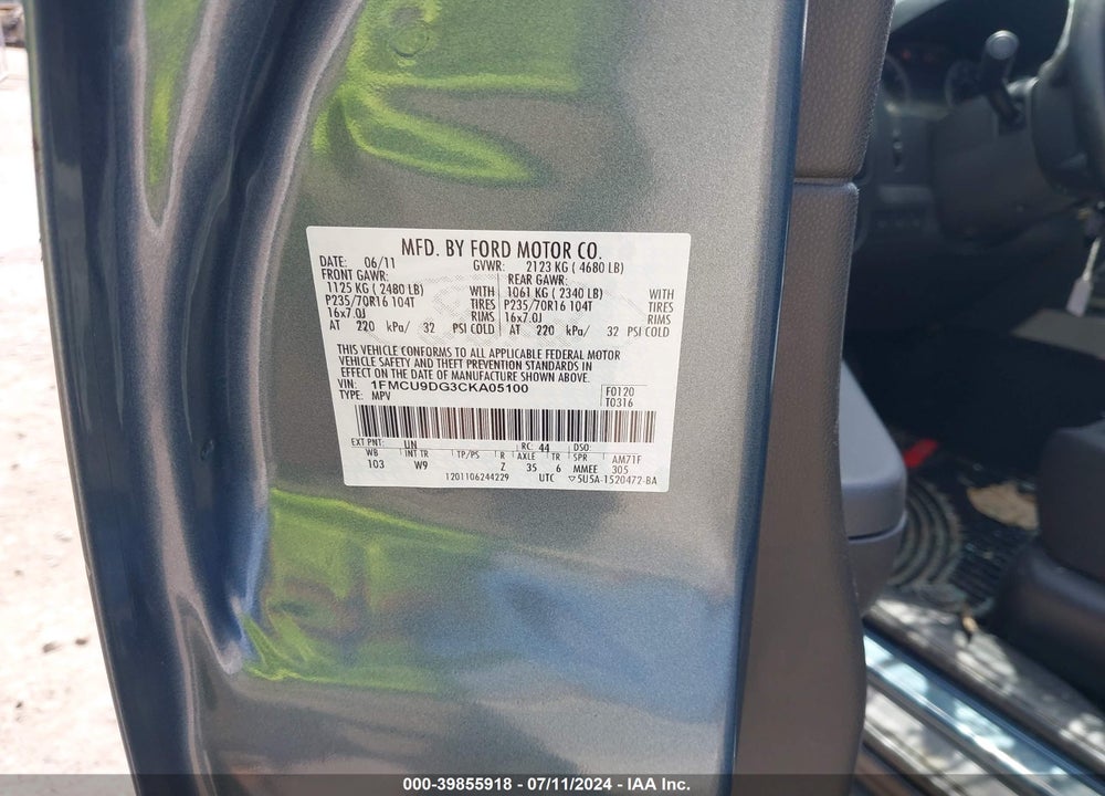 2012 FORD ESCAPE XLT VIN: 1FMCU9DG3CKA05100