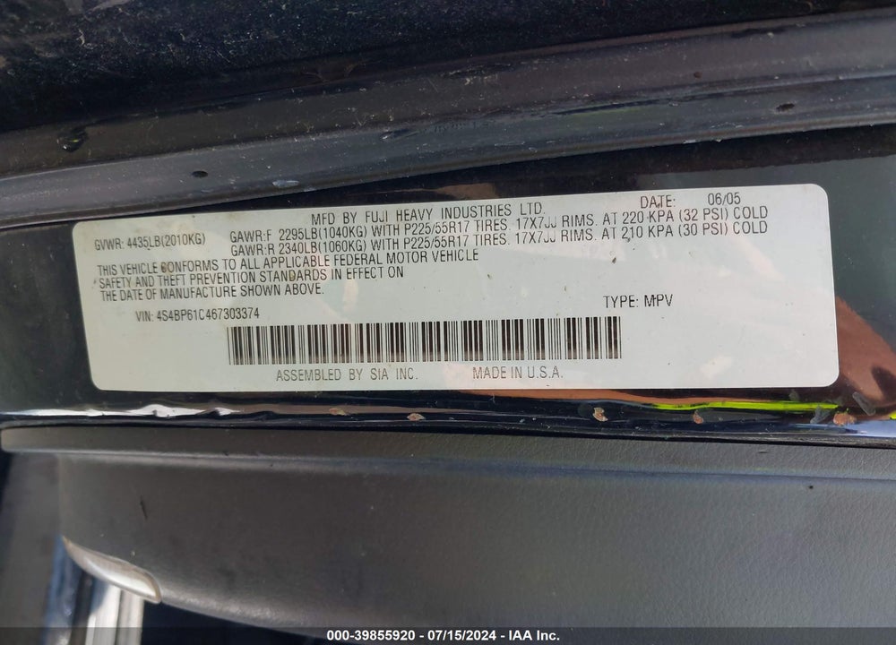 2006 SUBARU OUTBACK 2.5I VIN: 4S4BP61C467303374
