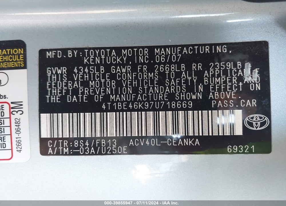 2007 TOYOTA CAMRY LE VIN: 4T1BE46K97U718669
