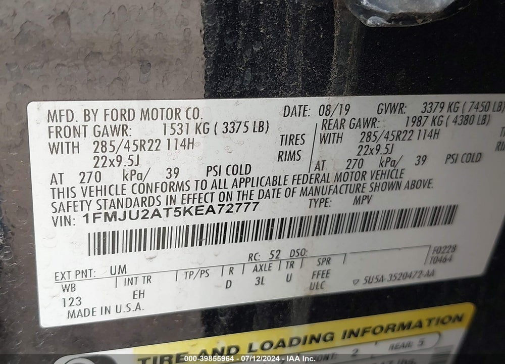 2019 FORD EXPEDITION LIMITED VIN: 1FMJU2AT5KEA72777
