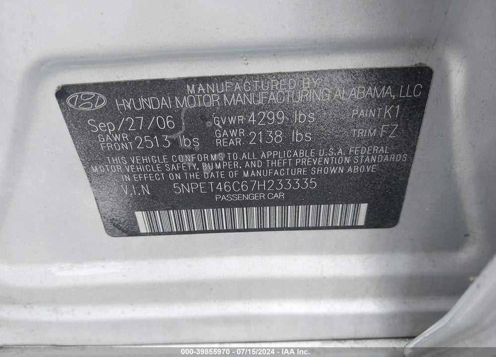 2007 HYUNDAI SONATA GLS VIN: 5NPET46C67H233335