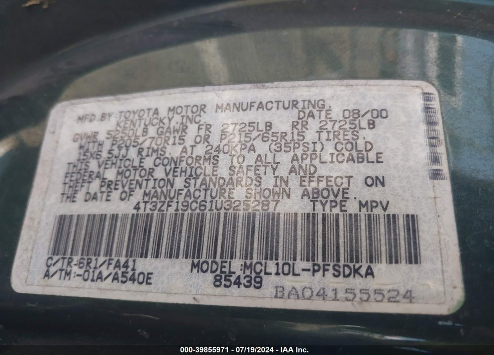 2001 TOYOTA SIENNA CE VIN: 4T3ZF19C61U325287