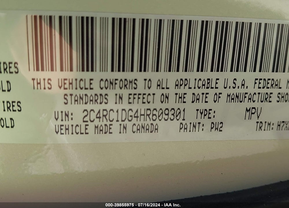 2017 CHRYSLER PACIFICA TOURING VIN: 2C4RC1DG4HR609301