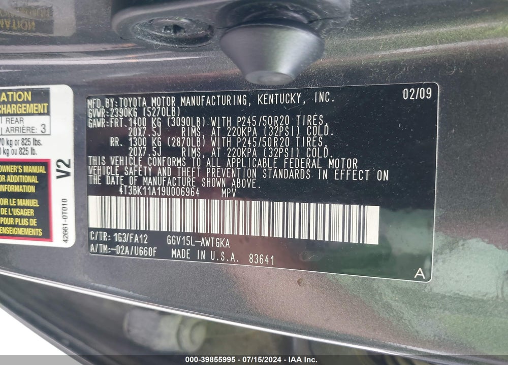 2009 TOYOTA VENZA BASE V6 VIN: 4T3BK11A19U006964
