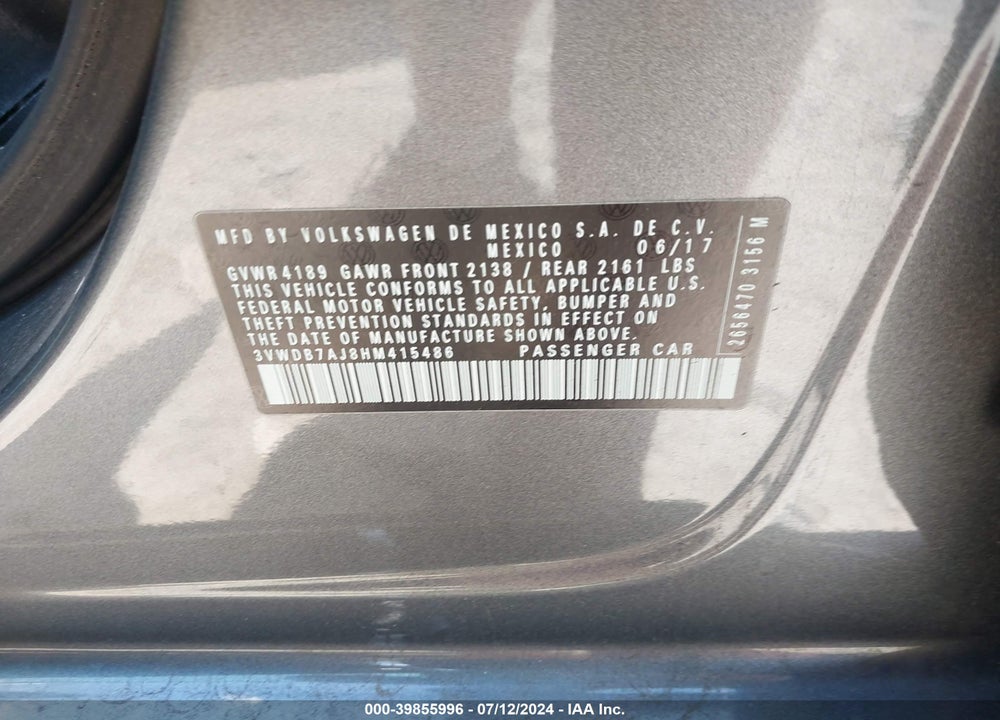 2017 VOLKSWAGEN JETTA 1.4T SE VIN: 3VWDB7AJ8HM415486