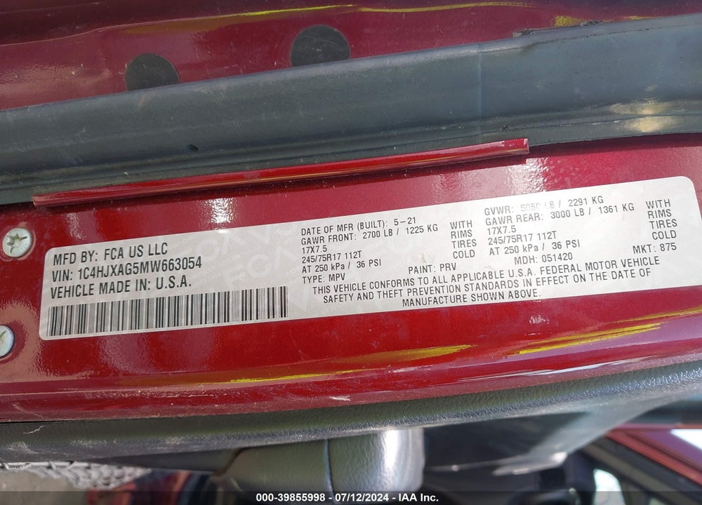2021 JEEP WRANGLER SPORT S 4X4 VIN: 1C4HJXAG5MW663054