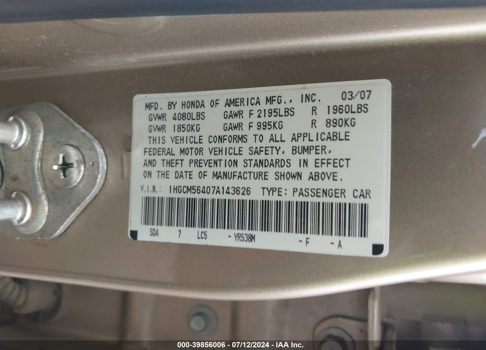 2007 HONDA ACCORD 2.4 LX VIN: 1HGCM56407A143626