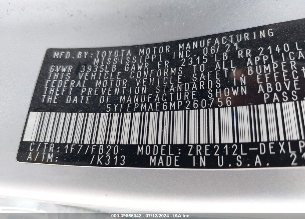 2021 TOYOTA COROLLA LE VIN: 5YFEPMAE6MP260756