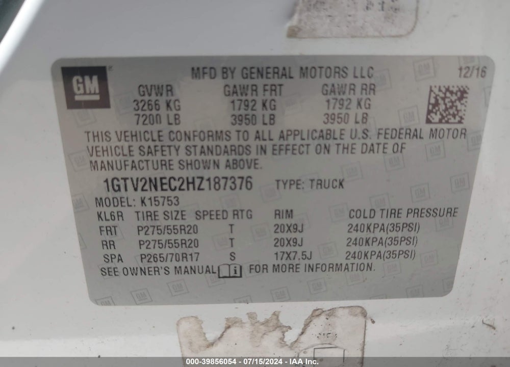 2017 GMC SIERRA 1500 SLT VIN: 1GTV2NEC2HZ187376