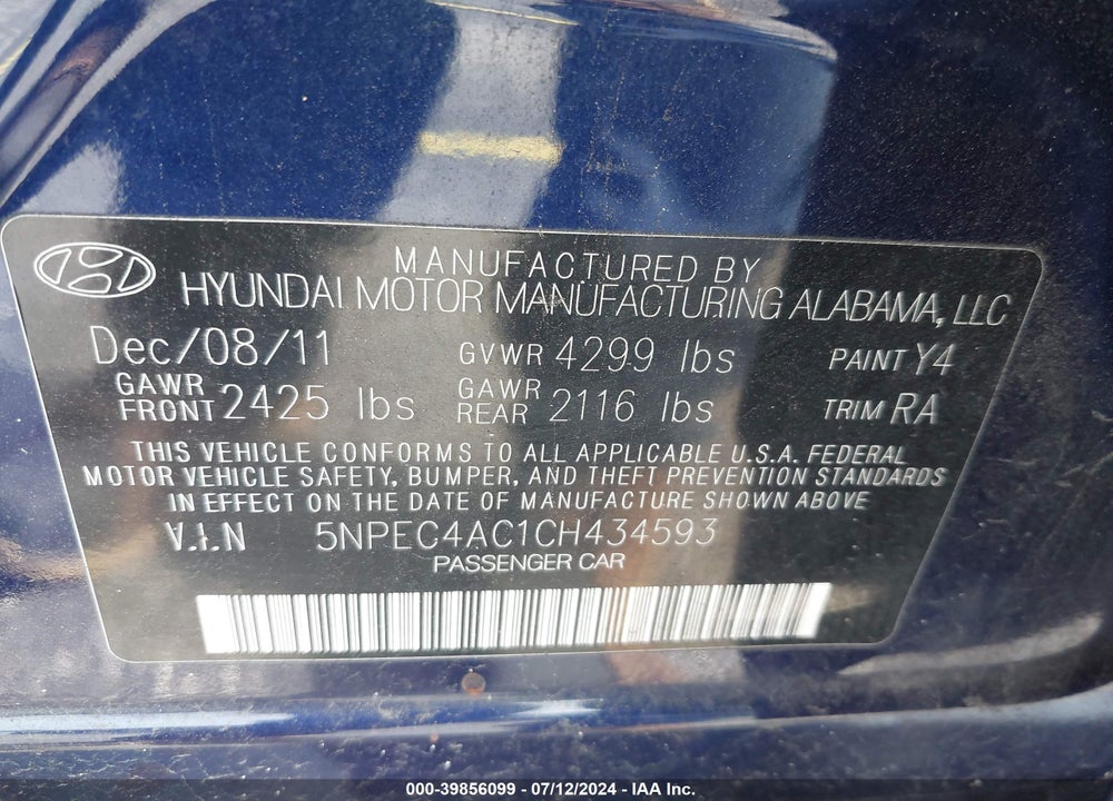 2012 HYUNDAI SONATA SE VIN: 5NPEC4AC1CH434593