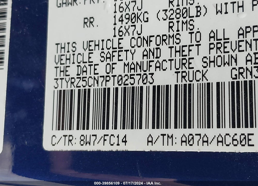 2023 TOYOTA TACOMA SR5 V6 VIN: 3TYRZ5CN7PT025703