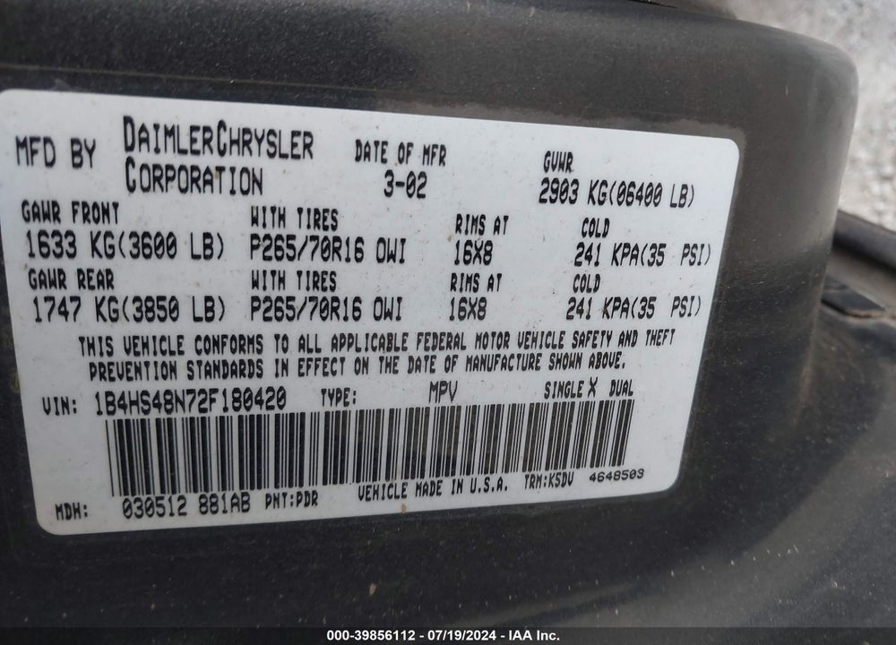 2002 DODGE DURANGO SLT VIN: 1B4HS48N72F180420