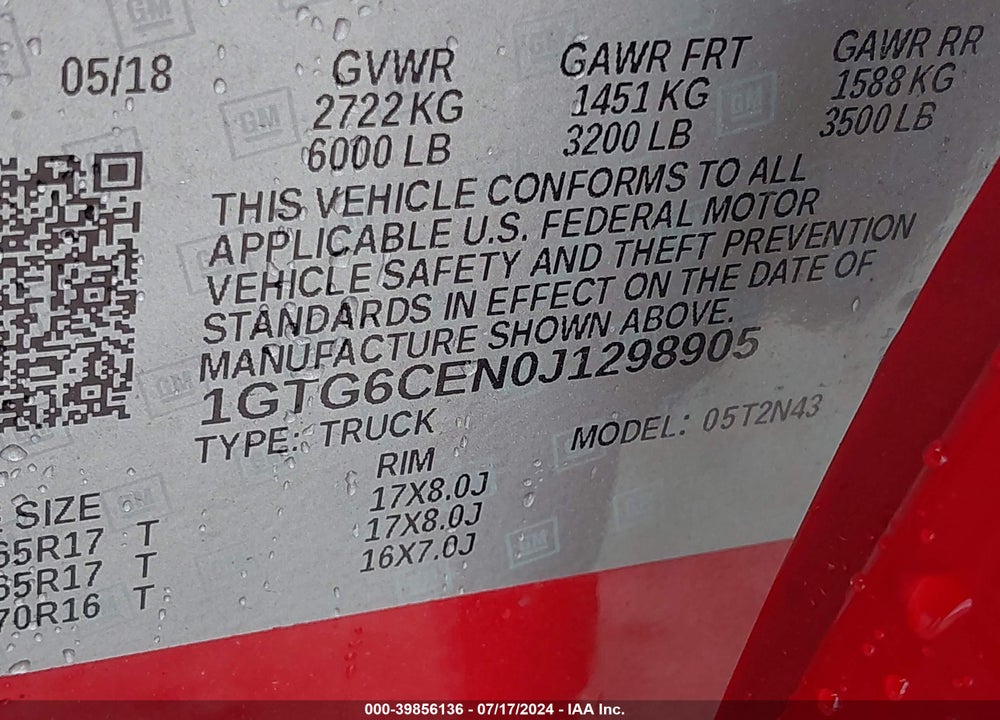 2018 GMC CANYON SLE VIN: 1GTG6CEN0J1298905