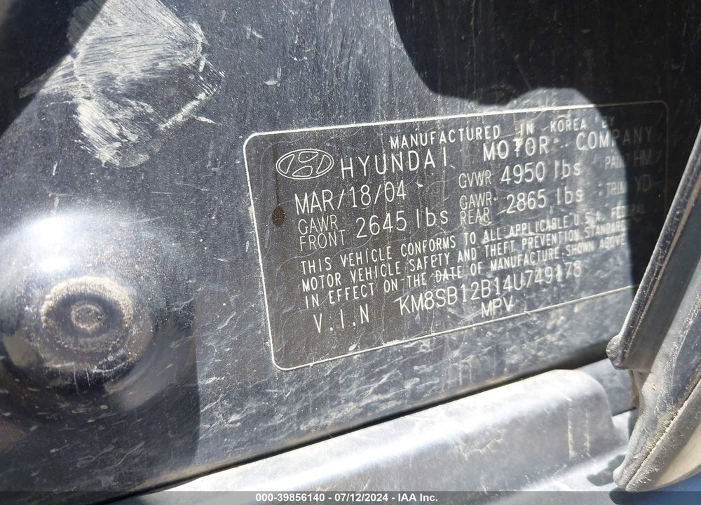 2004 HYUNDAI SANTA FE VIN: KM8SB12B14U749178