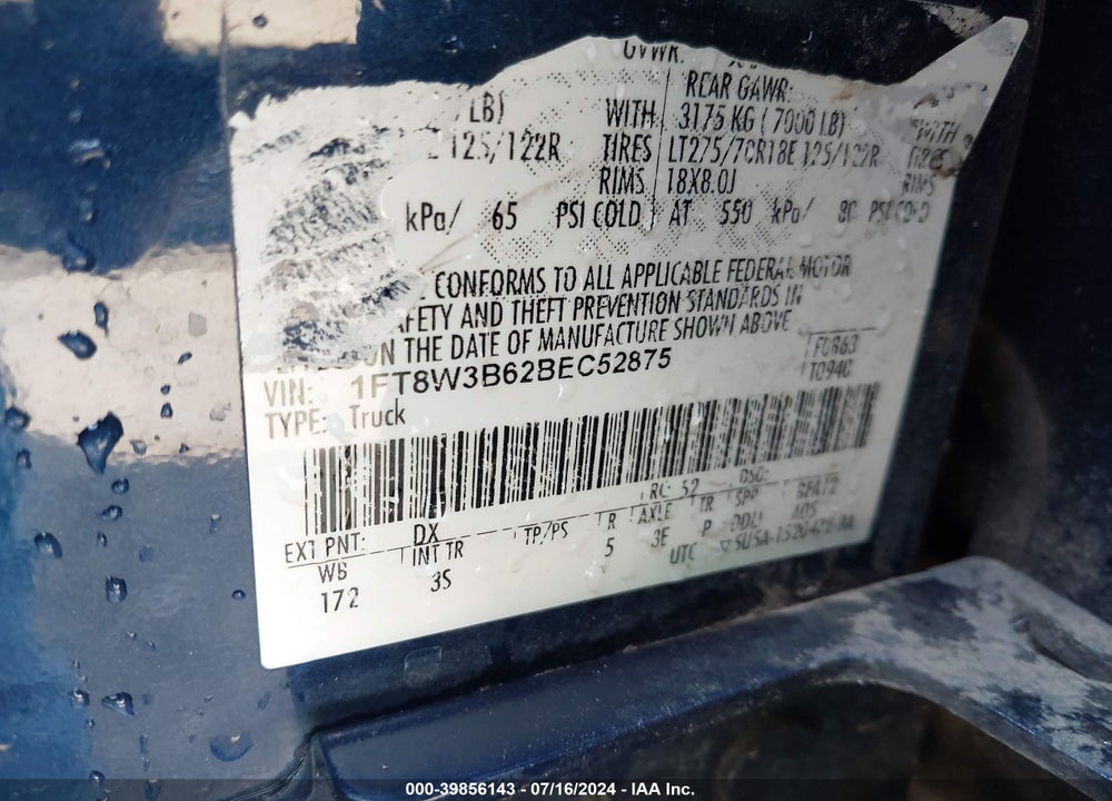2011 FORD F-350 XLT VIN: 1FT8W3B62BEC52875