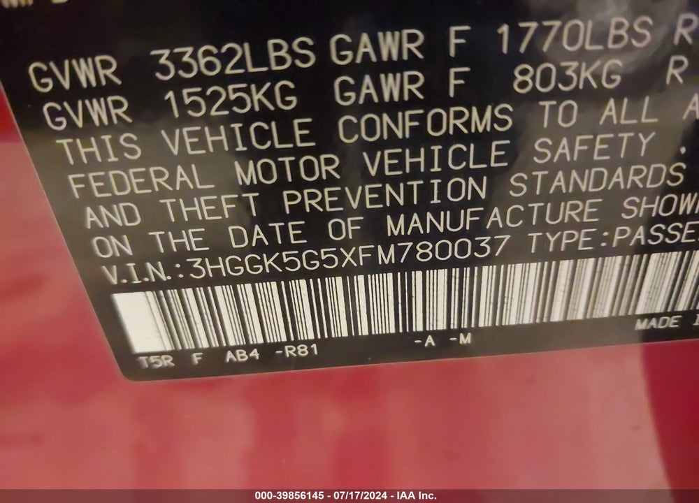2015 HONDA FIT LX VIN: 3HGGK5G5XFM780037