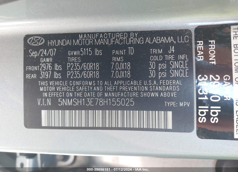 2008 HYUNDAI SANTA FE LIMITED/SE VIN: 5NMSH13E78H155025