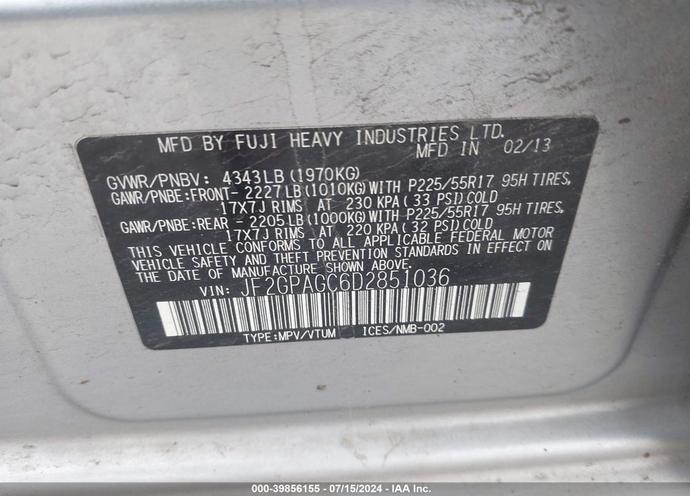 2013 SUBARU XV CROSSTREK 2.0I LIMITED VIN: JF2GPAGC6D2851036