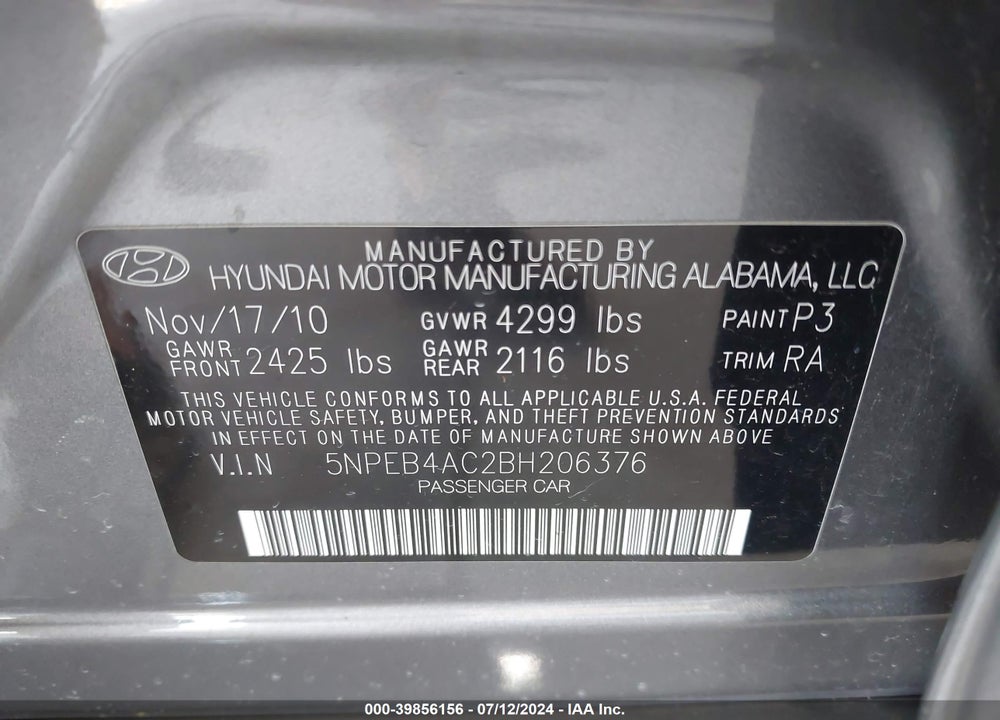 2011 HYUNDAI SONATA GLS VIN: 5NPEB4AC2BH206376
