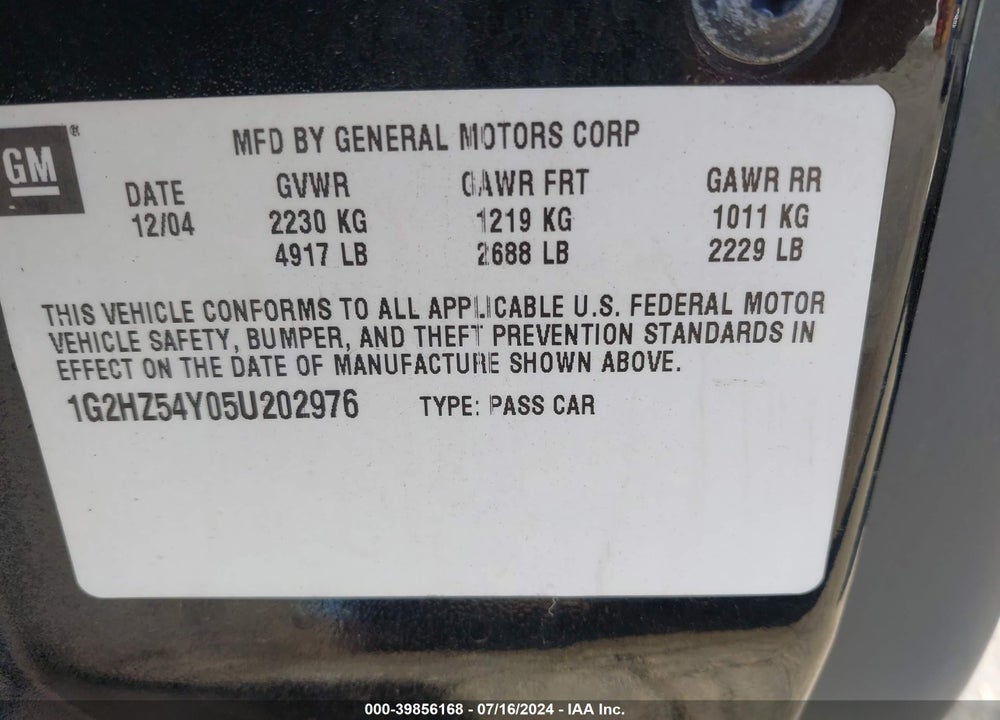 2005 PONTIAC BONNEVILLE VIN: 1G2HZ54Y05U202976
