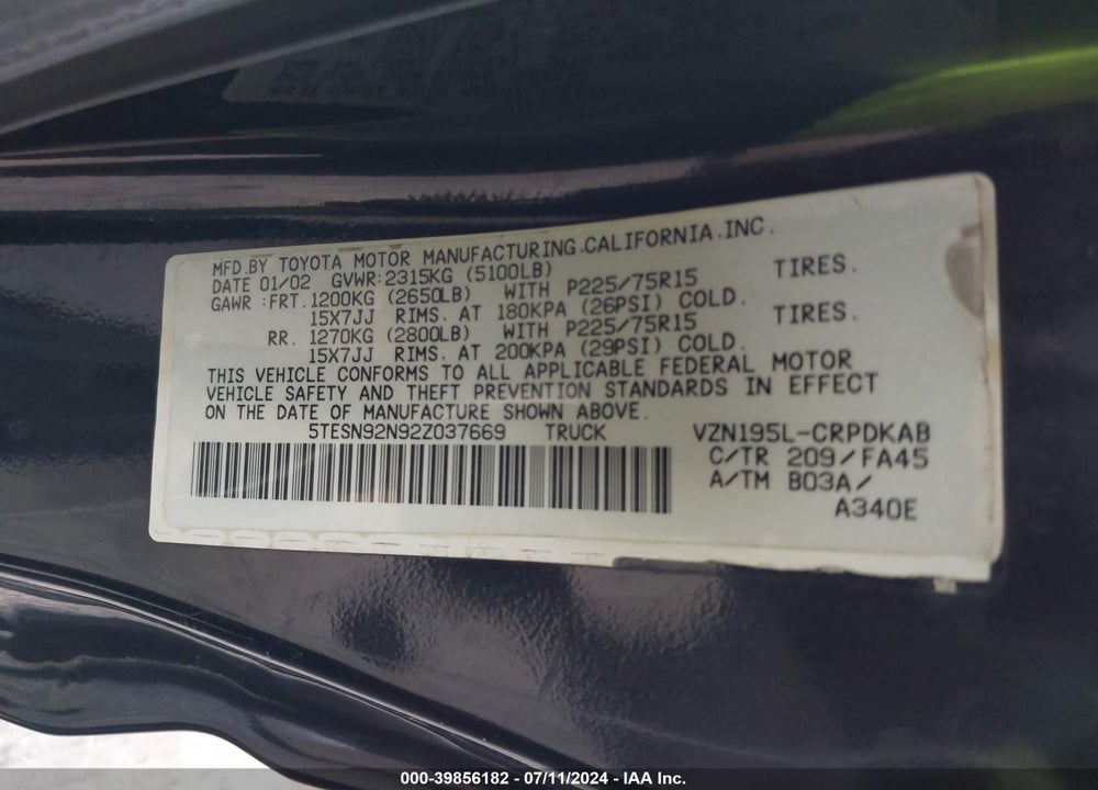 2002 TOYOTA TACOMA PRERUNNER V6 VIN: 5TESN92N92Z037669
