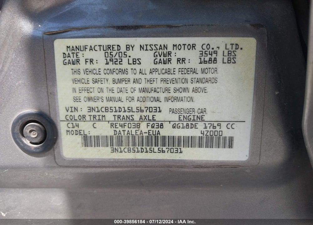 2005 NISSAN SENTRA 1.8S VIN: 3N1CB51D15L567031