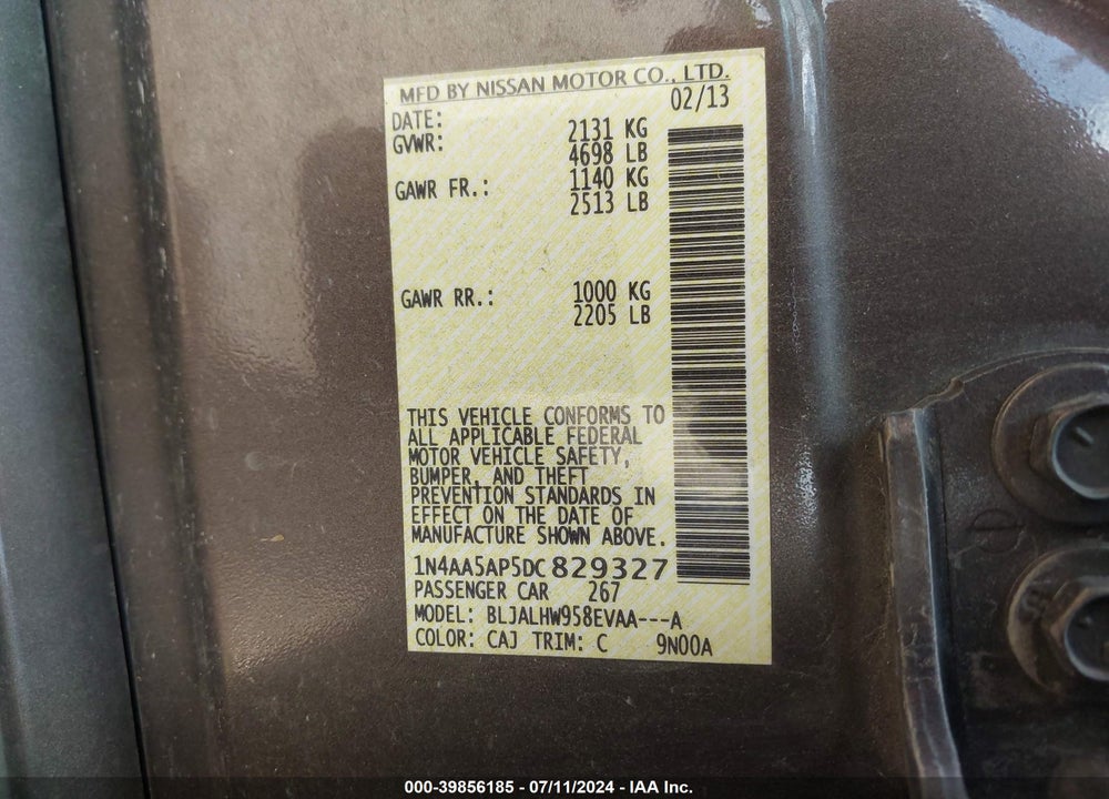 2013 NISSAN MAXIMA 3.5 SV VIN: 1N4AA5AP5DC829327
