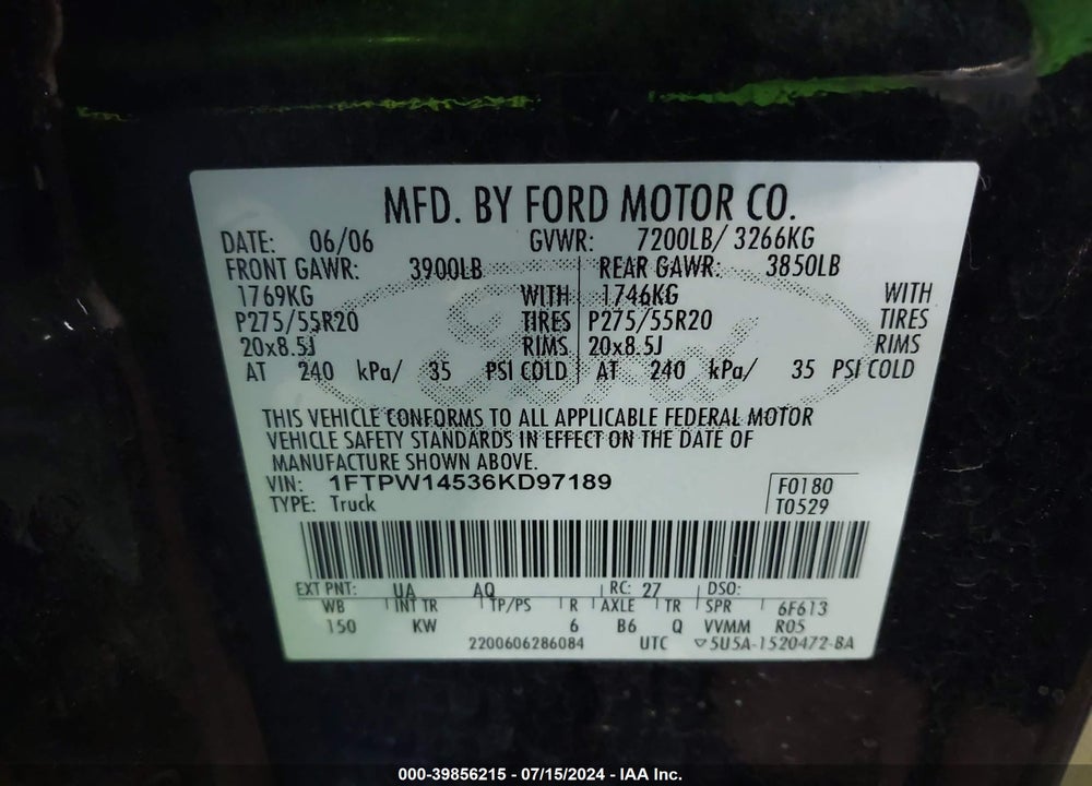 2006 FORD F-150 FX4/LARIAT/XLT VIN: 1FTPW14536KD97189