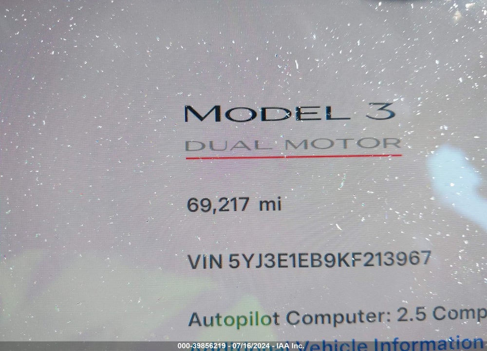 2019 TESLA MODEL 3 LONG RANGE/PERFORMANCE VIN: 5YJ3E1EB9KF213967