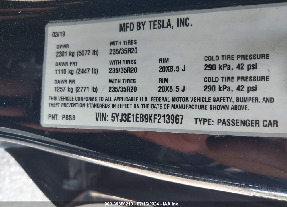 2019 TESLA MODEL 3 LONG RANGE/PERFORMANCE VIN: 5YJ3E1EB9KF213967