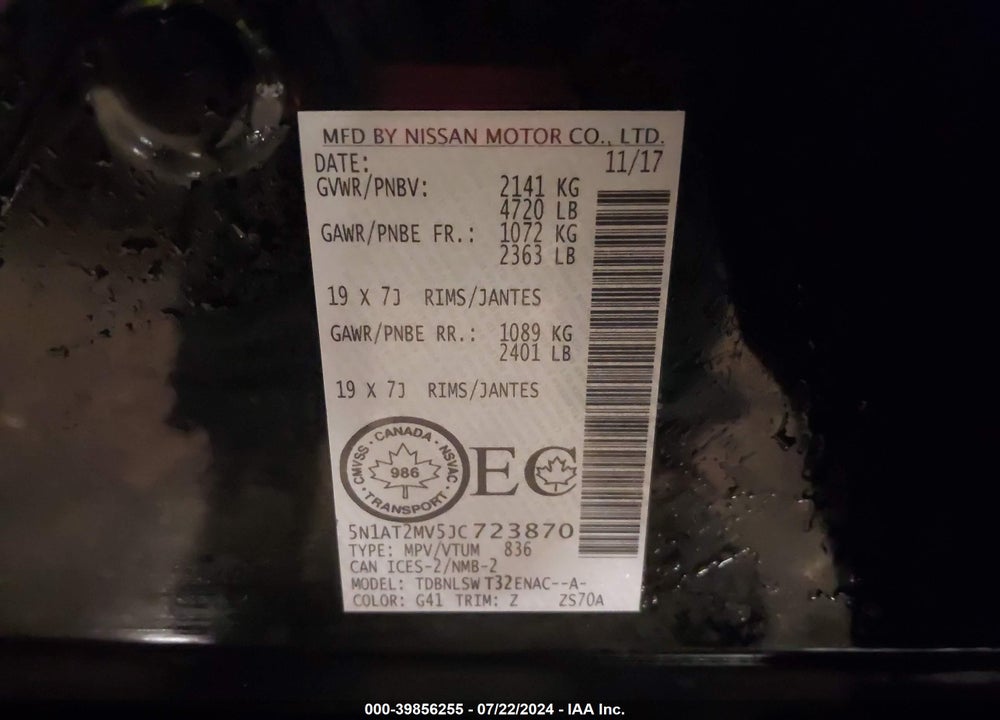2018 NISSAN ROGUE S/SL/SV VIN: 5N1AT2MV5JC723870