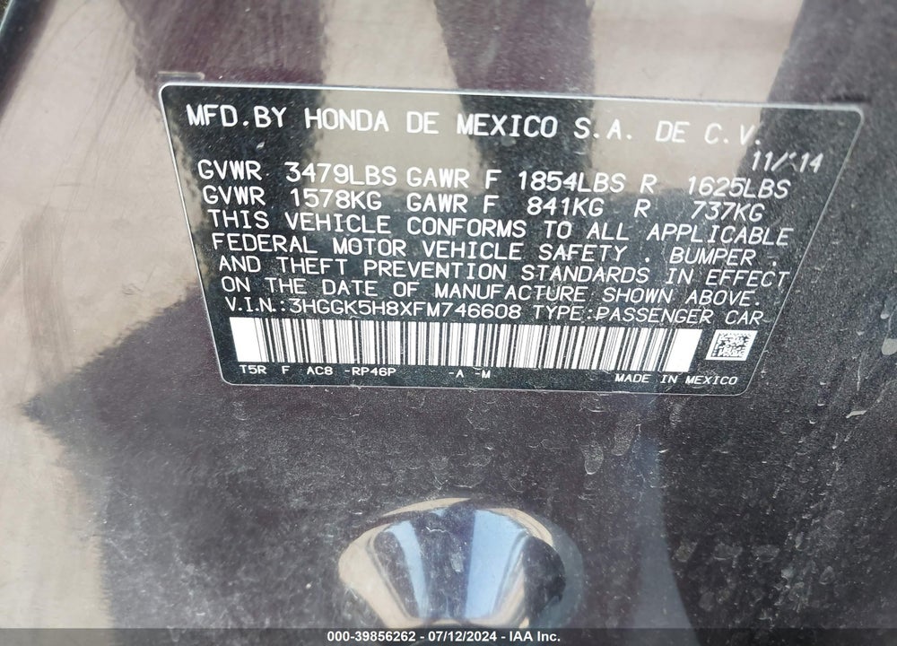 2015 HONDA FIT EX/EX-L VIN: 3HGGK5H8XFM746608