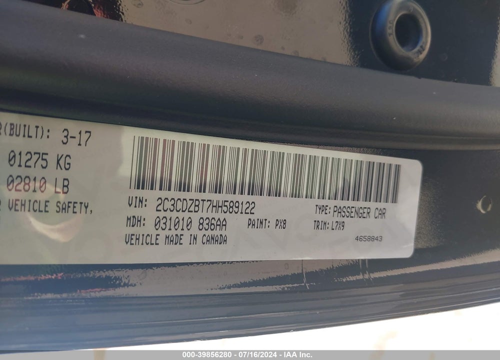 2017 DODGE CHALLENGER R/T VIN: 2C3CDZBT7HH589122