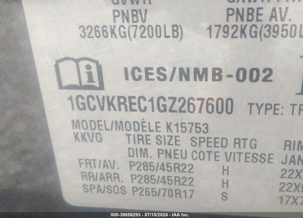 2016 CHEVROLET SILVERADO 1500 1LT/2LT VIN: 1GCVKREC1GZ267600